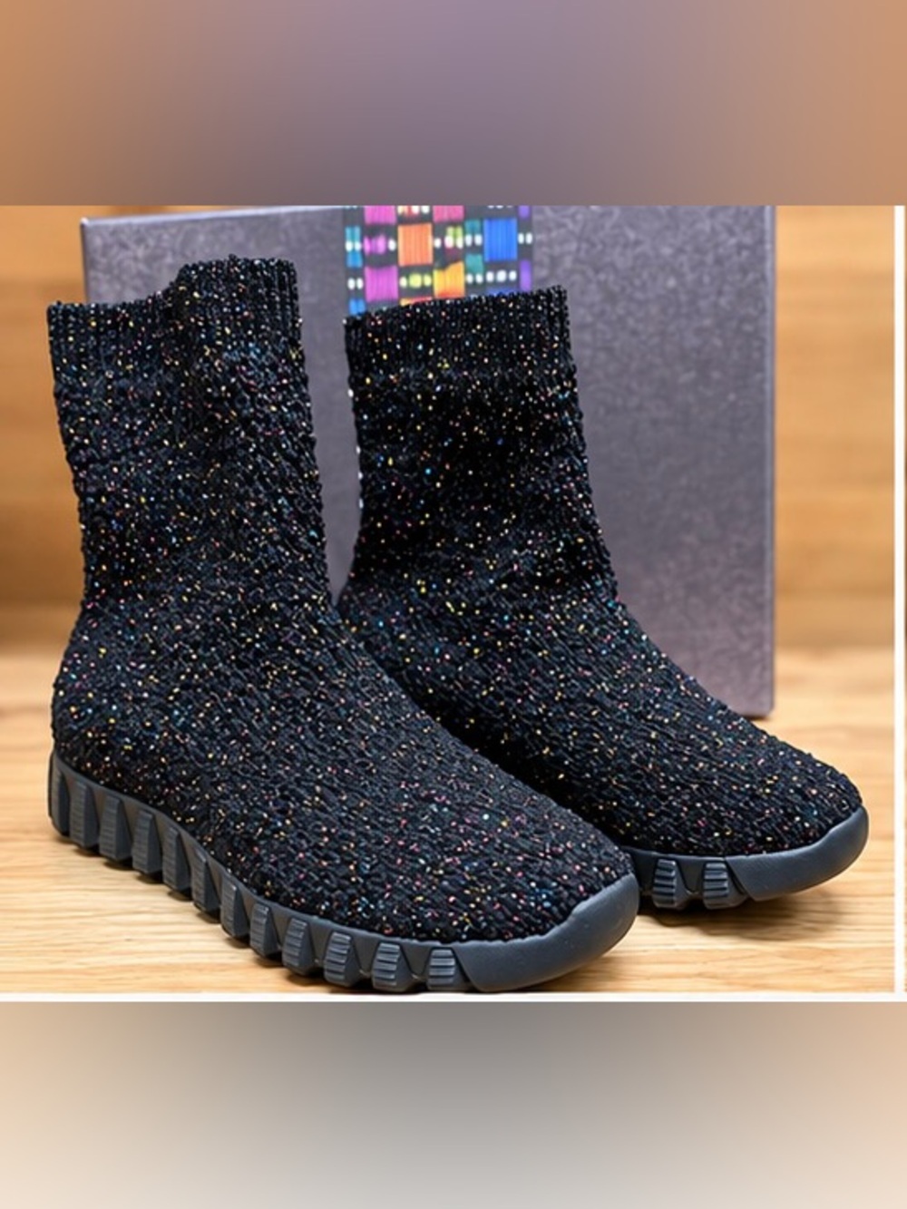 Bernie Mev. Veyla Black Multi Chenille Sock Boots | Memory Foam | Sparkle